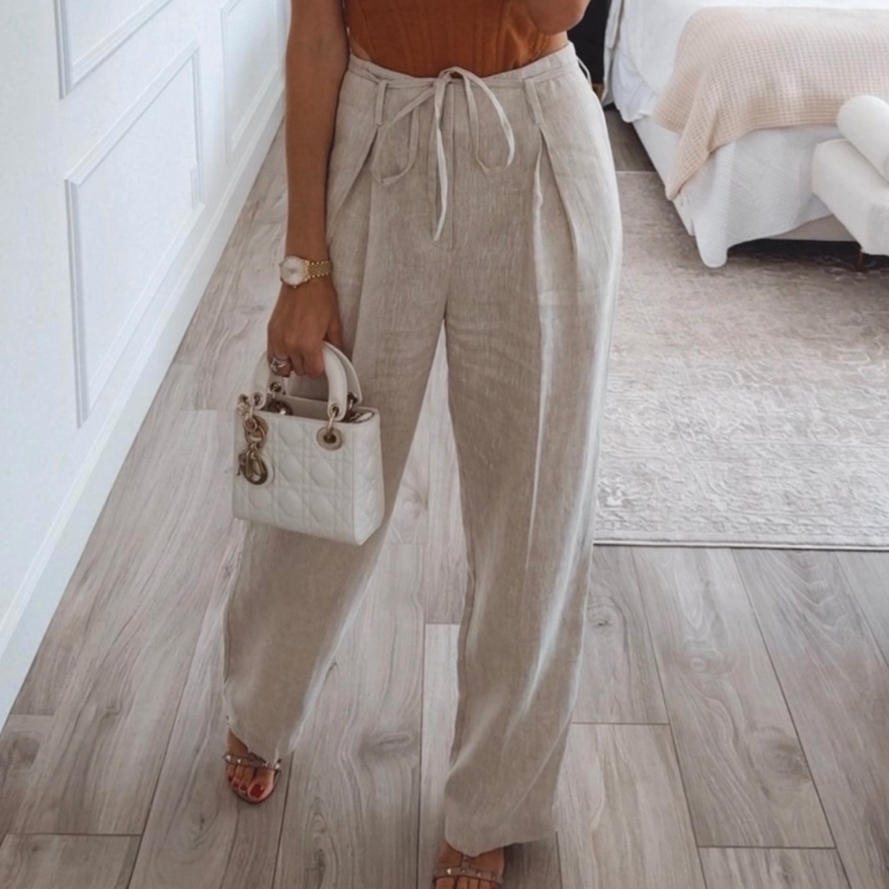 L'Academie Natural Beige Drawstring Wide-Leg Pants